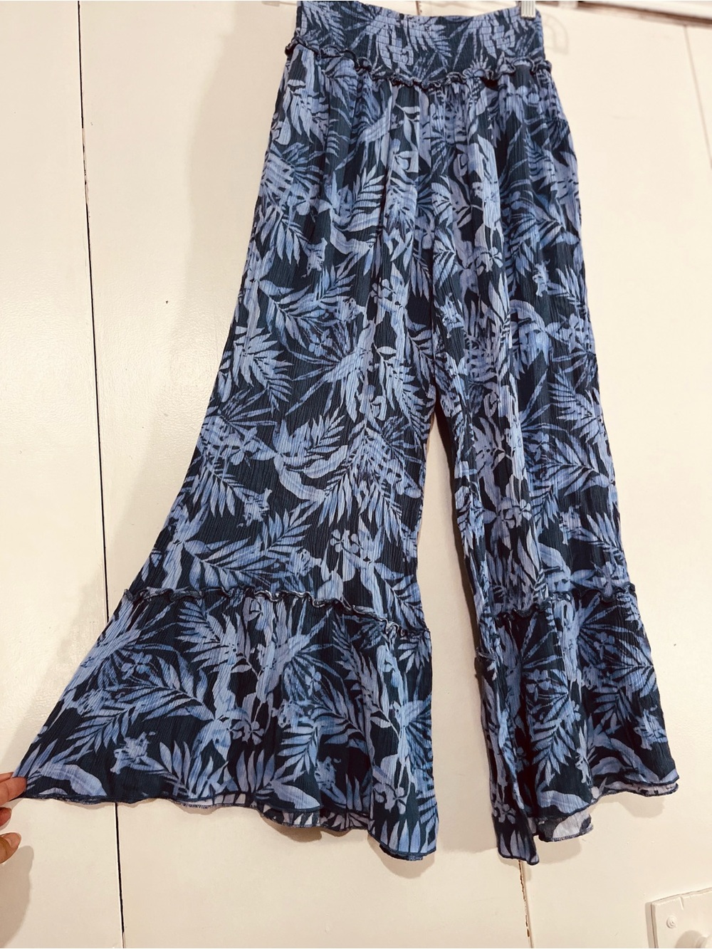Blue Island Gauzy Wide Leg Ruffled Hemline Printed Smocked Pants • Boho